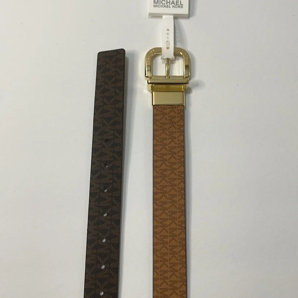 Michael Kors Reversible Women’s Belt Gold Buckle Signature MK Brown & Luggage.